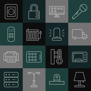 Masa lambası, mikrodalga fırın, kargo kamyonu, akıllı televizyon, ısıtma radyatörü, uzaktan kumanda, elektrik prizi ve siren ikonu. Vektör