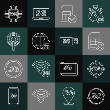 Satır 5G ağı, Sim kartı, Globe Card, Anten, İşlemci ve modem simgesi reddedildi. Vektör