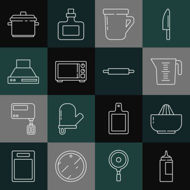 Sos şişesi, meyve sıkacağı, ölçü kabı, kahve, mikrodalga fırın, mutfak vantilatörü, pişirme tenceresi ve yuvarlanan pin ikonu. Vektör