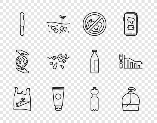 Set line Dead bird, πλαστικό, μπουκάλι υγρό σαπούνι, Δεν σκουπίδια, Cream καλλυντικό σωλήνα, Αναλώσιμο μαχαίρι, πρόβλημα ρύπανσης πλανήτη, νερό και Οικολογία infographic εικονίδιο. Διάνυσμα — Διανυσματικό Αρχείο