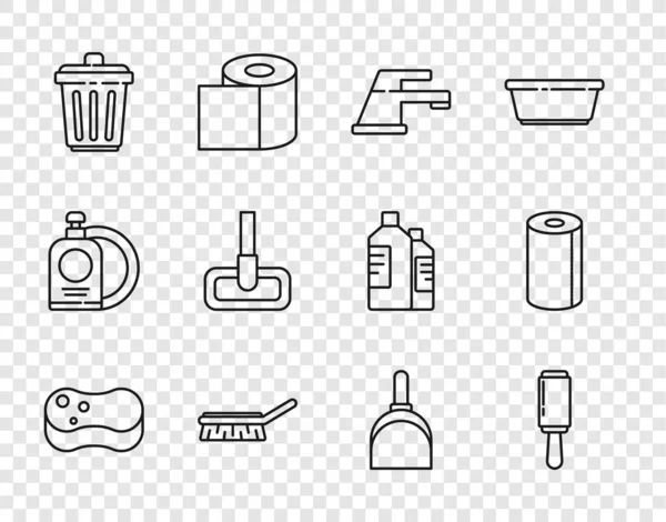 Set lijn Spons, Zelfklevende roller, Waterkraan, Borstel voor het reinigen, Prullenbak, Dweil, Stof en Papieren handdoek pictogram. Vector — Stockvector