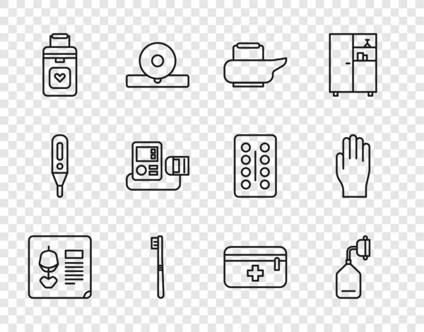 Set line X-ray shots, Medical oxygen mask, Bedpan, Toothbrush, Organ container, Blood pressure, First aid kit and rubber gloves icon. Vector — Stock Vector