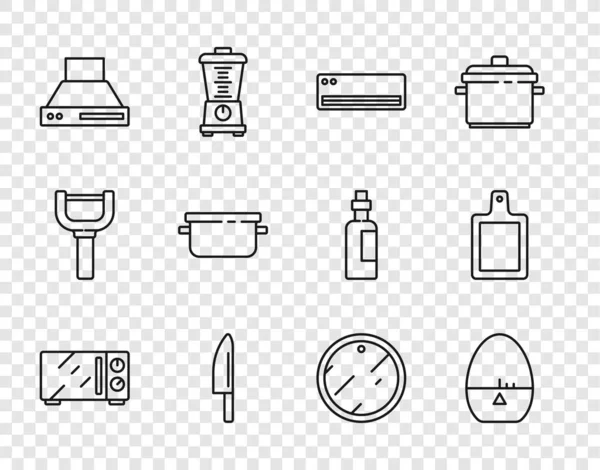 Set line Mikrowelle, Küchenzeituhr, Klimaanlage, Messer, Dunstabzugshaube, Kochtopf, Schneidebrett und Symbol. Vektor — Stockvektor