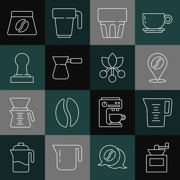 Set manuelle Kaffeemühle, Kanne Glas mit Wasser, Standort Bohnen, Glas, Kaffee Türk, Stampfer, Bag Bohnen und Zweig-Symbol. Vektor — Stockvektor