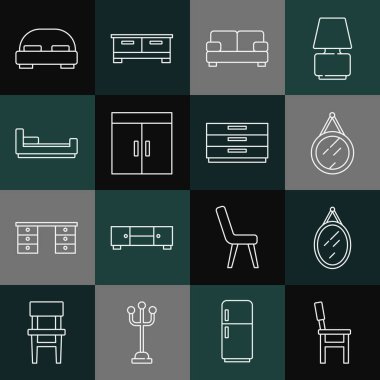 Set Koltuğu, Ayna, Koltuk, Gardırop, Yatak, Büyük Yatak ve Göğüs Çekmeceleri ikonu. Vektör