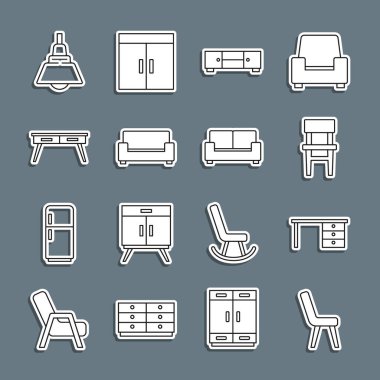 Koltuk, ofis masası, sandalye, çekmeceler, kanepe, avize ve ikon. Vektör