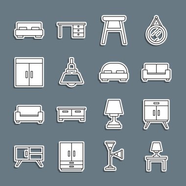 Masa lambası, çekmece sandığı, kanepe, sandalye, avize, gardırop, büyük yatak ve ikon. Vektör