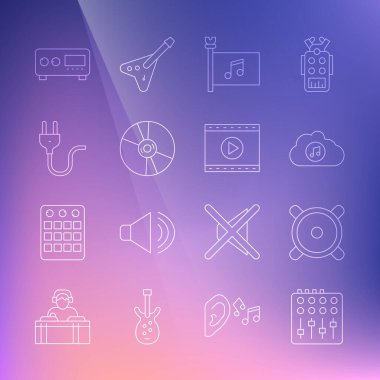 Hat ses karıştırıcı denetleyici, Stereo hoparlör, müzik akışı hizmeti, festival bayrağı, CD veya DVD diski, Electric plug, Guitar amplifier ve Online video çalma simgesi. Vektör