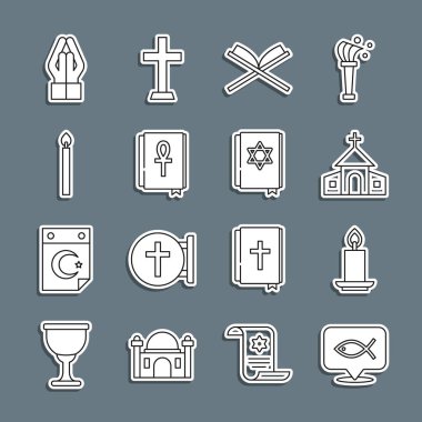 Hristiyan balığı, yanan mum, kilise binası, Kuran 'ın kutsal kitabı, Haç Ankh, Eller dua pozisyonu ve Yahudi torah ikonu. Vektör
