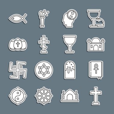Hristiyan haçı, Haç Ankh kitabı, Müslüman camisi, Yin Yang, Paskalya yumurtası, balık ve Kutsal Kase ya da kutsal ikon. Vektör