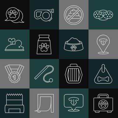 Set line Pet first aid kit, Dog collar, Cat nose, No shit, Bag of food for pet, Clockwork mouse, Paw print and bowl icon. Vector