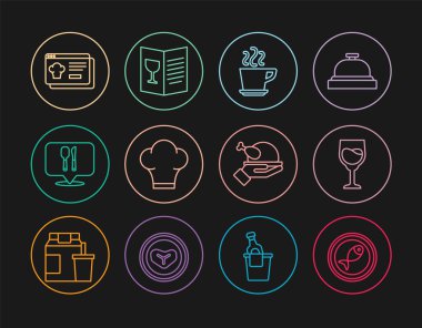 Tabakta balık servisi, şarap bardağı, kahve fincanı, şef şapkası, kafe ve restoran konumu, online sipariş verme, kızarmış hindi tavuğu ve restoran kafe menüsü ikonu. Vektör