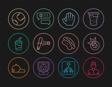 Beyzbol oyuncusu, eldiven, sopa, kağıt cam su Hotdog sandviçi ve konuşma balonu sohbet beyzbol ikonu. Vektör