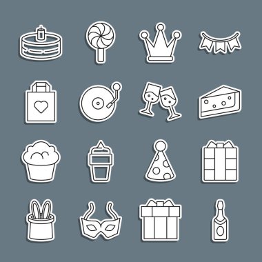 Şampanyayı, hediye kutusunu, pastayı, tacı, diski, alışveriş torbası kalbini, yanan mumları ve şampanya ikonunu hazırla. Vektör