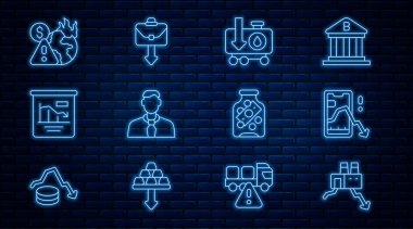 Fabrikanın kapanması, mobil hisse senedi ticareti, Damla ham petrol fiyatı, İşçi, Pasta grafiği bilgileri, küresel ekonomik kriz, madeni para ve evrak çantalı cam para kavanozu. Vektör