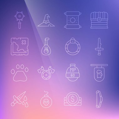 Orta Çağ yayını, Bar, Hançer, KHK, parşömen, parşömen, parşömen, Lute, Korsan hazine haritası, zincirli topuz topu ve sihirli taş yüzük ikonu. Vektör