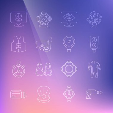 Halat balıkçılık zıpkını, dalgıç kıyafeti, ölçü ölçeği, yüzen yüzgeçliler, şnorkelli dalış maskesi, can yeleği, deniz kabuğu ve ikon. Vektör