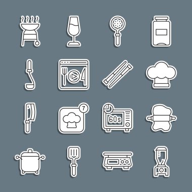 Hat blenderi, hamurda rulo pin, Şef şapkası, Spatula, yemek pişirme canlı yayını, mutfak kepçesi, ızgara ızgara ve yemek çubuğu ikonu. Vektör
