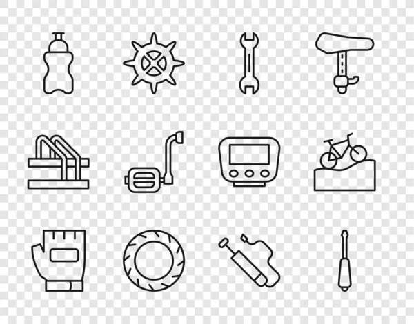 Set line Gants, tournevis, clé à molette, pneu de roue de vélo, bouteille de sport avec eau, pédale, pompe à air et icône de vélo de montagne. Vecteur — Image vectorielle