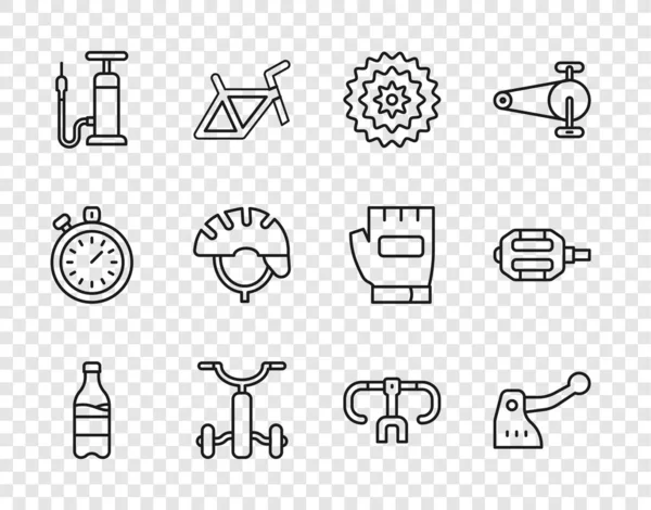 Set Linie Sportflasche mit Wasser, Fahrradbremse, Kassette, für Kinder, Luftpumpe, Helm, Lenker und Pedal-Symbol. Vektor — Stockvektor