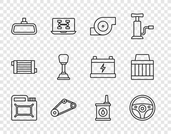 Set-Line-Kanister für Motoröl, Lenkrad, Kfz-Turbolader, Zahnriemen-Kit, Autospiegel, Schalthebel und Luftfilter-Symbol. Vektor — Stockvektor