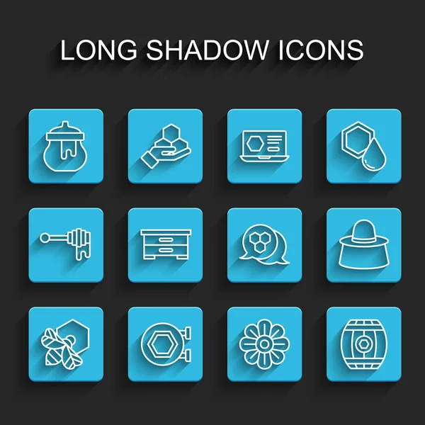 Ange linje Bee och bikaka, Hängande skylt med, Jar of, Blomma, Trä fat, Hive för bin, Biodlare skydda hatt och Honeycomb ikon. Vektor — Stock vektor