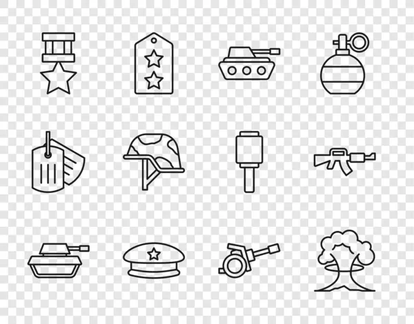 Set line Militärpanzer, Atomexplosion, Baskenmütze, Belohnung Medaille, Helm, Haubitze und M16A1 Gewehr Symbol. Vektor — Stockvektor