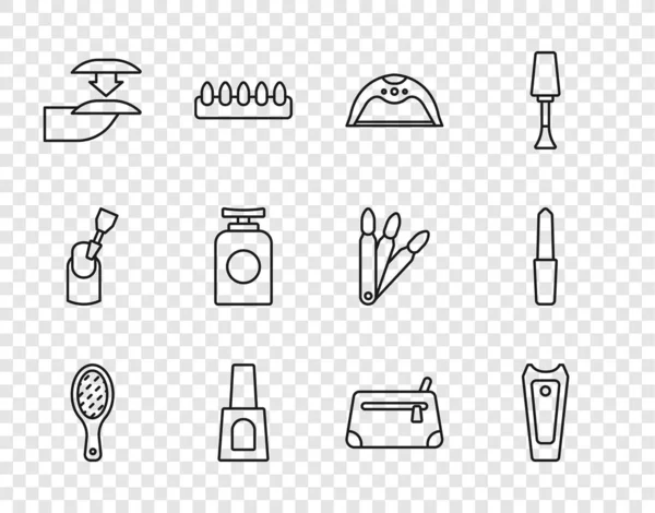 Set lijn Nagelvijl, cutter, Manicure lamp, Fles van nagellak, Valse nagels, Tube handcrème, Cosmetische zak en pictogram. Vector — Stockvector
