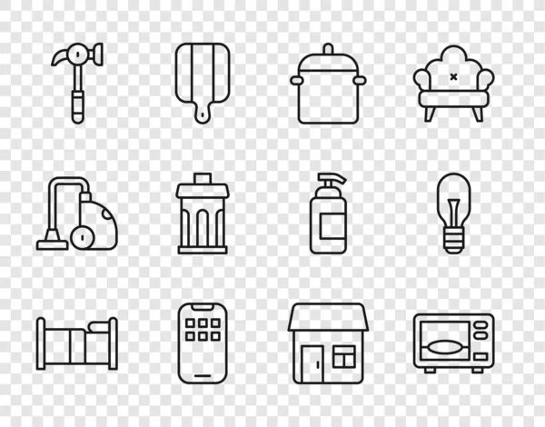 Set line Bed, Magnetron, Kookpot, Mobiele Apps, Hamer, prullenbak, Huis en gloeilamp pictogram. Vector — Stockvector