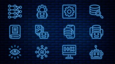 Hat çizgisi yapay zeka robotu, Bilgisayar api arayüzü, yapay zeka ağı, sinirsel ağ, bulut teknoloji veri transferi ve robot ayarı simgesi. Vektör