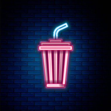 Duvarda izole edilmiş su ikonu olan parlak neon çizgili cam. Soda bardağı ve pipet içmek. Taze soğuk içecek sembolü. Renkli taslak konsepti. Vektör