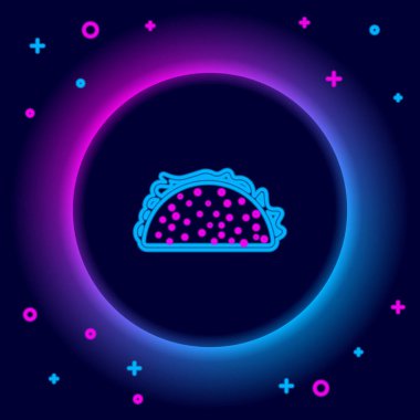 Siyah arka planda izole edilmiş tortilla ikonlu parlak neon hattı Taco. Geleneksel Meksika fast food 'u. Renkli taslak konsepti. Vektör