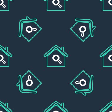 Çizgi Arama evi simgesi siyah arkaplanda izole edilmiş kusursuz desen. Büyüteç altındaki bir evin emlak sembolü. Vektör