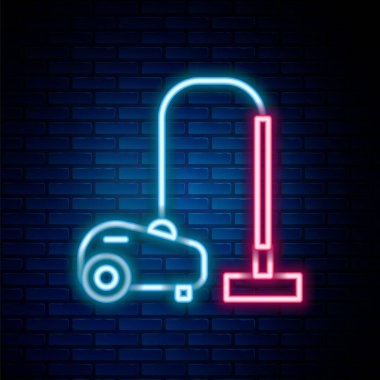 Parlayan neon hattı elektrik süpürgesi ikonu tuğla duvar arka planında izole edilmiş. Renkli taslak konsepti. Vektör