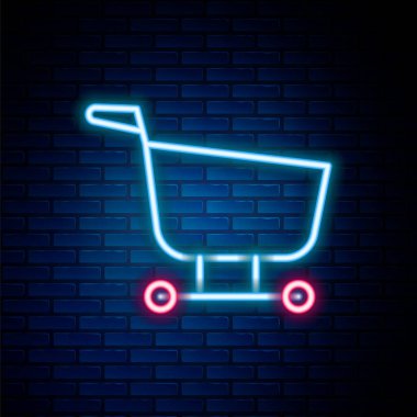 Parlayan neon hattı alışveriş arabası simgesi tuğla duvar arkasında izole edilmiş. Yiyecek dükkanı, süpermarket. Renkli taslak konsepti. Vektör