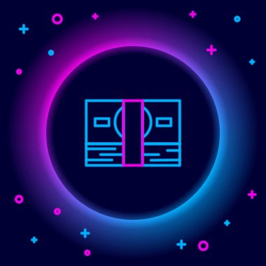 Parlak neon hattı kağıt yığınları para ikonu siyah arka planda izole. Para desteleri. Para birimi. Renkli taslak konsepti. Vektör