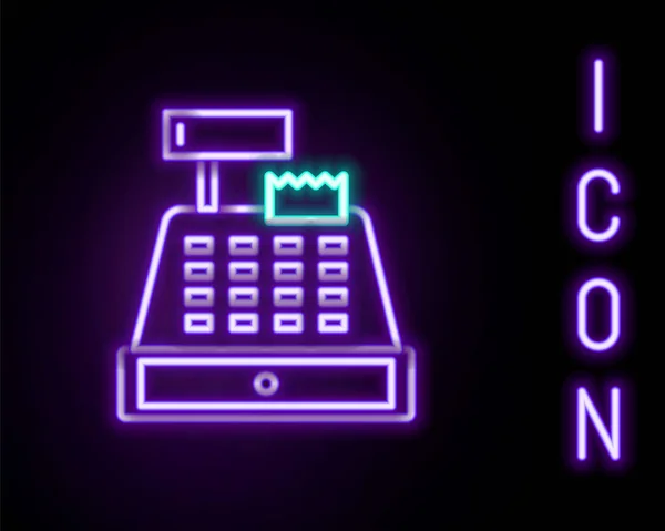Leuchtende neonfarbene Registrierkasse mit einem Kontrollsymbol auf schwarzem Hintergrund. Kassenzeichen. Kassensymbol. Buntes Rahmenkonzept. Vektor — Stockvektor