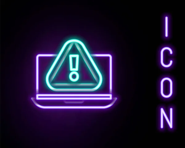 Linea neon luminosa Laptop con icona a punto esclamativo isolato su sfondo nero. Messaggio di avviso notifica smartphone. Concetto di contorno colorato. Vettore — Vettoriale Stock
