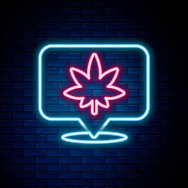Línea de neón brillante Puntero de mapa y marihuana o icono de hoja de cannabis aislado en el fondo de la pared de ladrillo. Un símbolo de cáñamo. Concepto de esquema colorido. Vector — Archivo Imágenes Vectoriales