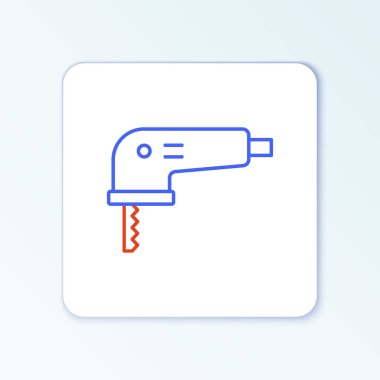 Beyaz zemin üzerinde çelik keskin bıçak ikonu olan elektrikli testere hattı. Ahşap işçiliği için elektrikli alet. Renkli taslak konsepti. Vektör