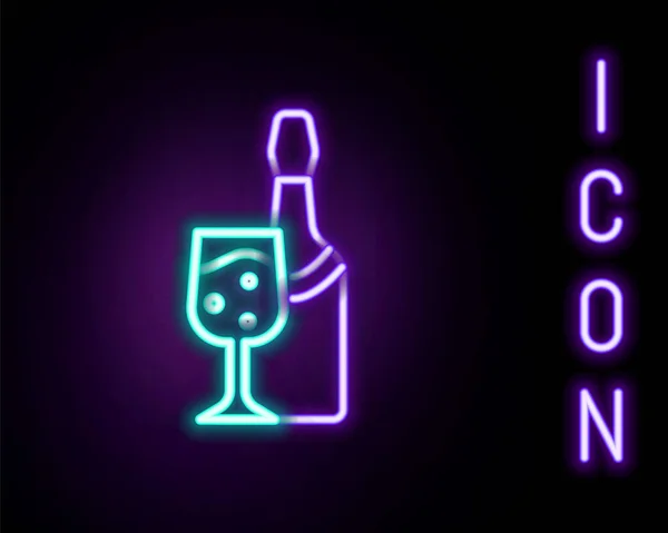 Świecąca neonowa butelka szampana z szklaną ikoną odizolowaną na czarnym tle. Kolorowy koncept. Wektor — Wektor stockowy