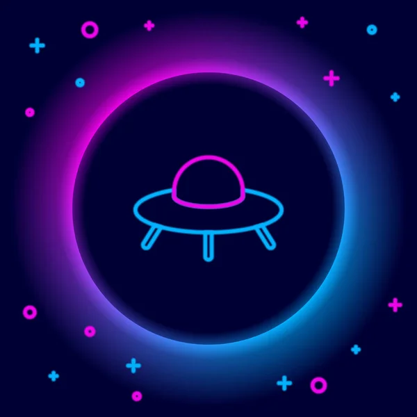 Glowing neon line UFO flying spaceship icon isolated on black background. Flying saucer. Alien space ship. Futuristic unknown flying object. Colorful outline concept. Vector — Stock Vector