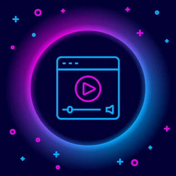 Leuchtende Neon-Linie Online spielen Video-Symbol isoliert auf schwarzem Hintergrund. Filmstreifen mit Spielzeichen. Buntes Rahmenkonzept. Vektor — Stockvektor