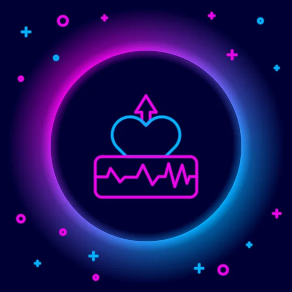 Glowing neon line Heartbeat increase icon isolated on black background. Increased heart rate. Colorful outline concept. Vector — Stock Vector