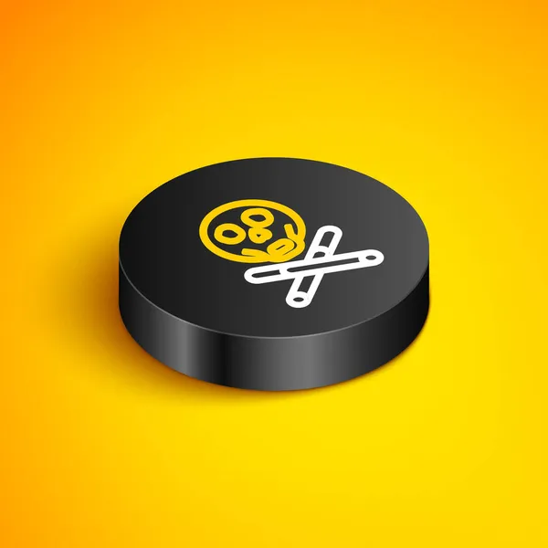 Isometric line Bones and skull as a sign of toxicity warning icon isolated on yellow background. Black circle button. Vector — Stock Vector