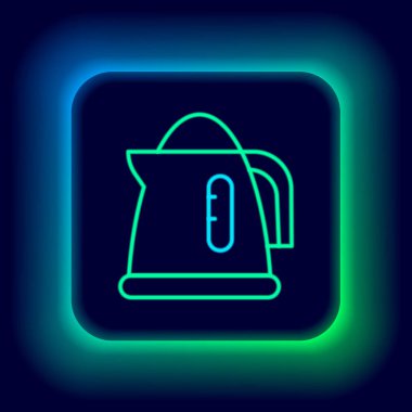 Parlayan neon hattı elektrik ısıtıcısı simgesi siyah arkaplanda izole edildi. Çaydanlık ikonu. Renkli taslak konsepti. Vektör