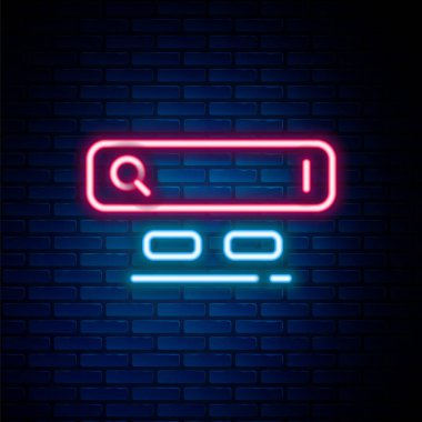 Parlayan neon hattı arama motoru simgesi tuğla duvar arka planında izole edildi. Renkli taslak konsepti. Vektör