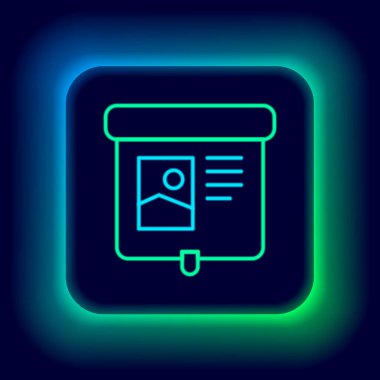 Parlayan neon hattı projeksiyon ekranı simgesi siyah arkaplanda izole edildi. İş sunumu slaytlar, bilgi grafikleri ve video gibi görsel içerikler. Renkli taslak konsepti. Vektör