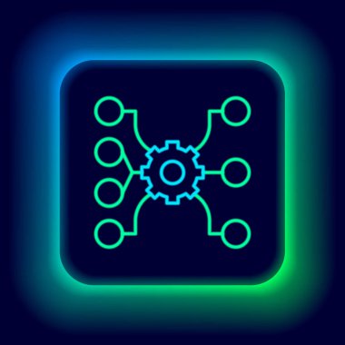 Parlayan neon hattı sinirsel ağ simgesi siyah arkaplanda izole edildi. Yapay zeka yapay zekası. Renkli taslak konsepti. Vektör