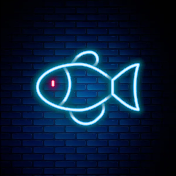 Leuchtende Neon-Linie Fisch-Symbol isoliert auf Backsteinwand Hintergrund. Buntes Rahmenkonzept. Vektor — Stockvektor